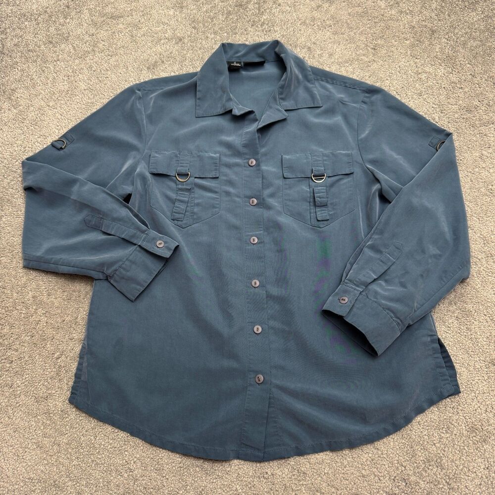 Vintage Rafaella Utility Safari Button Down Shirt Womens Medium Blue Rayon Top